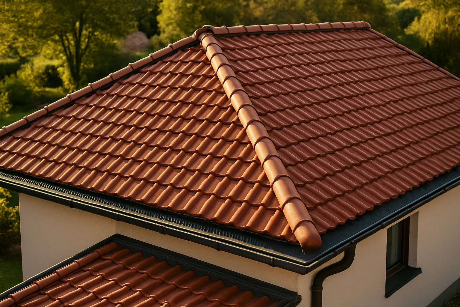 Fertig ausgeführtes belüftetes Dach mit Firstlüftung und Traufbelüftung an einem Wohnhaus