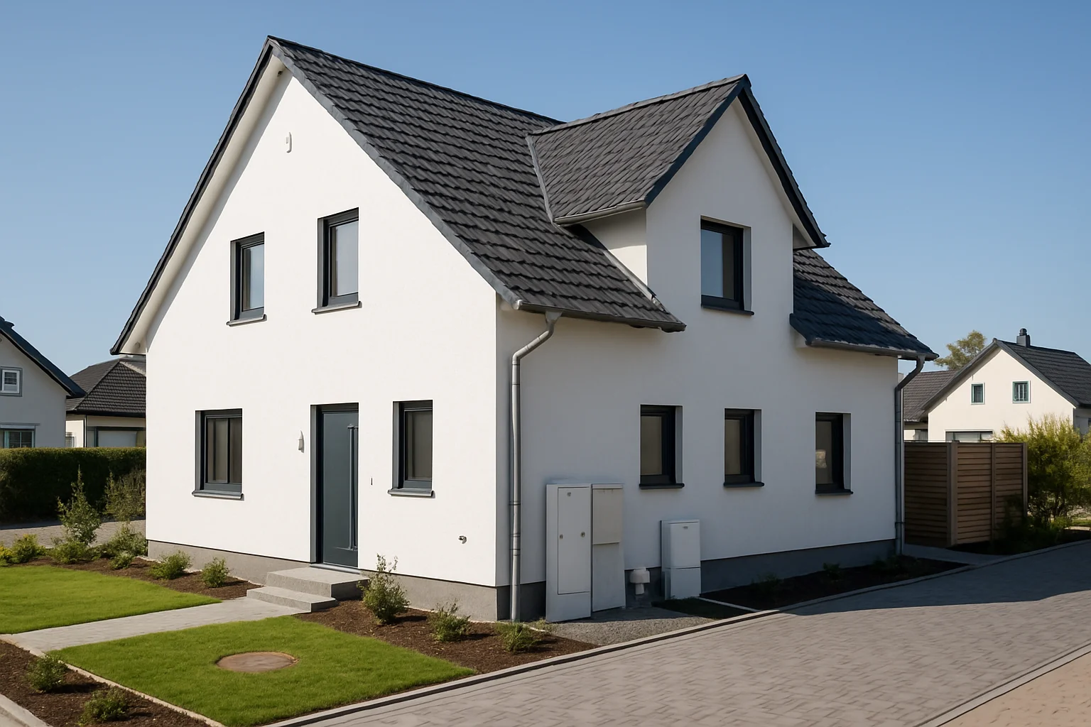 Fertig erschlossenes Grundstück mit modernem Einfamilienhaus, sichtbaren Hausanschlüssen für Strom, Wasser und Glasfaser an der Außenwand