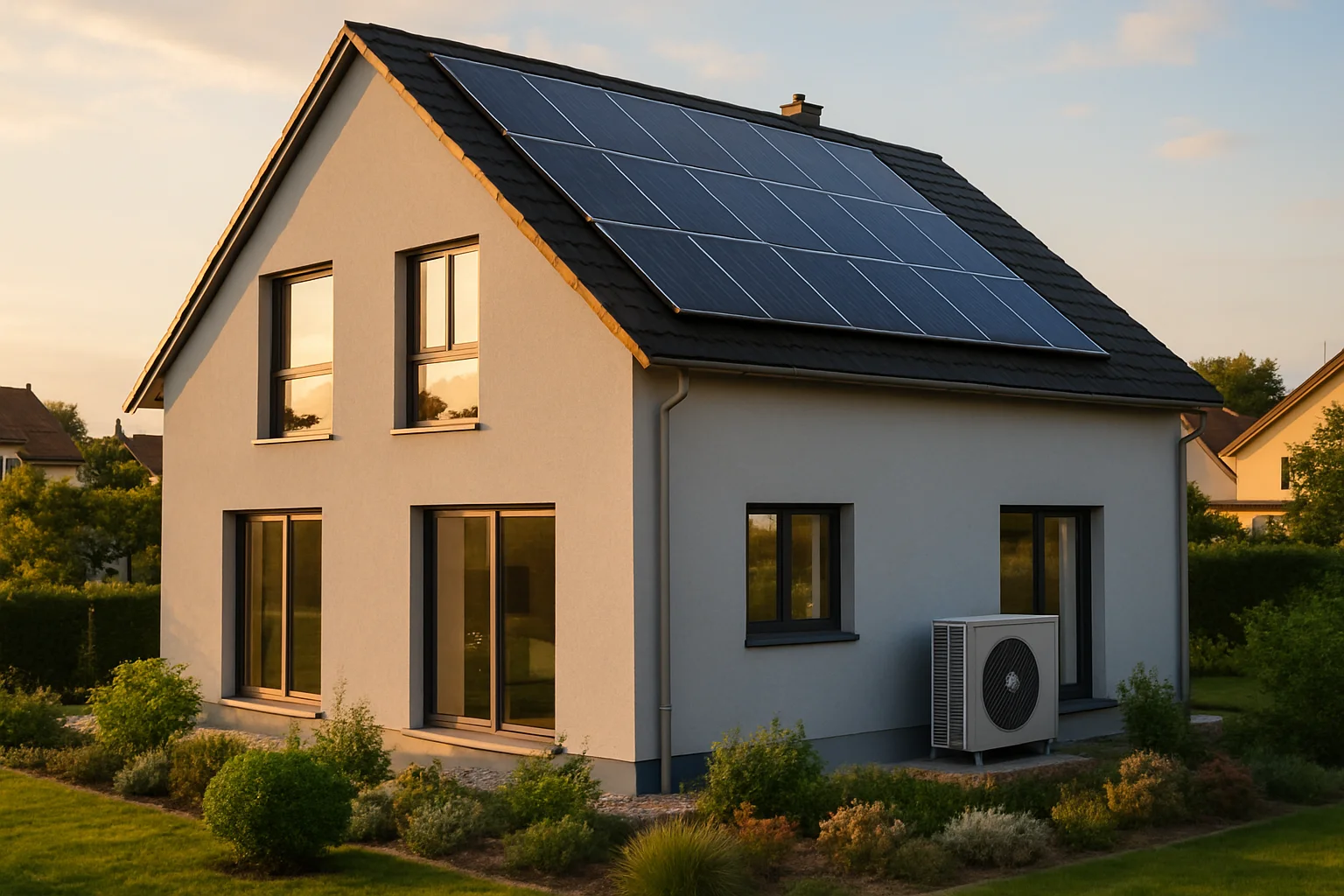 Fertig saniertes Einfamilienhaus nach individuellem Sanierungsfahrplan mit Wärmepumpe und Wärmedämmung