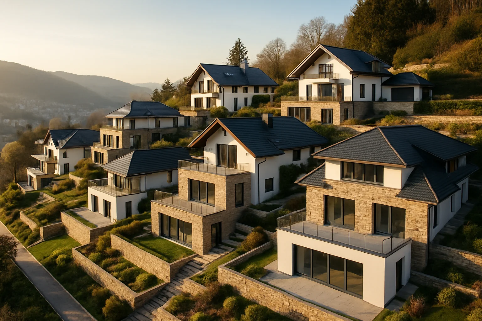 Fertige Wohnhäuser auf Hanggrundstücken in Baden-Baden mit Ausblick ins Tal und gestaltungskonformer Architektur