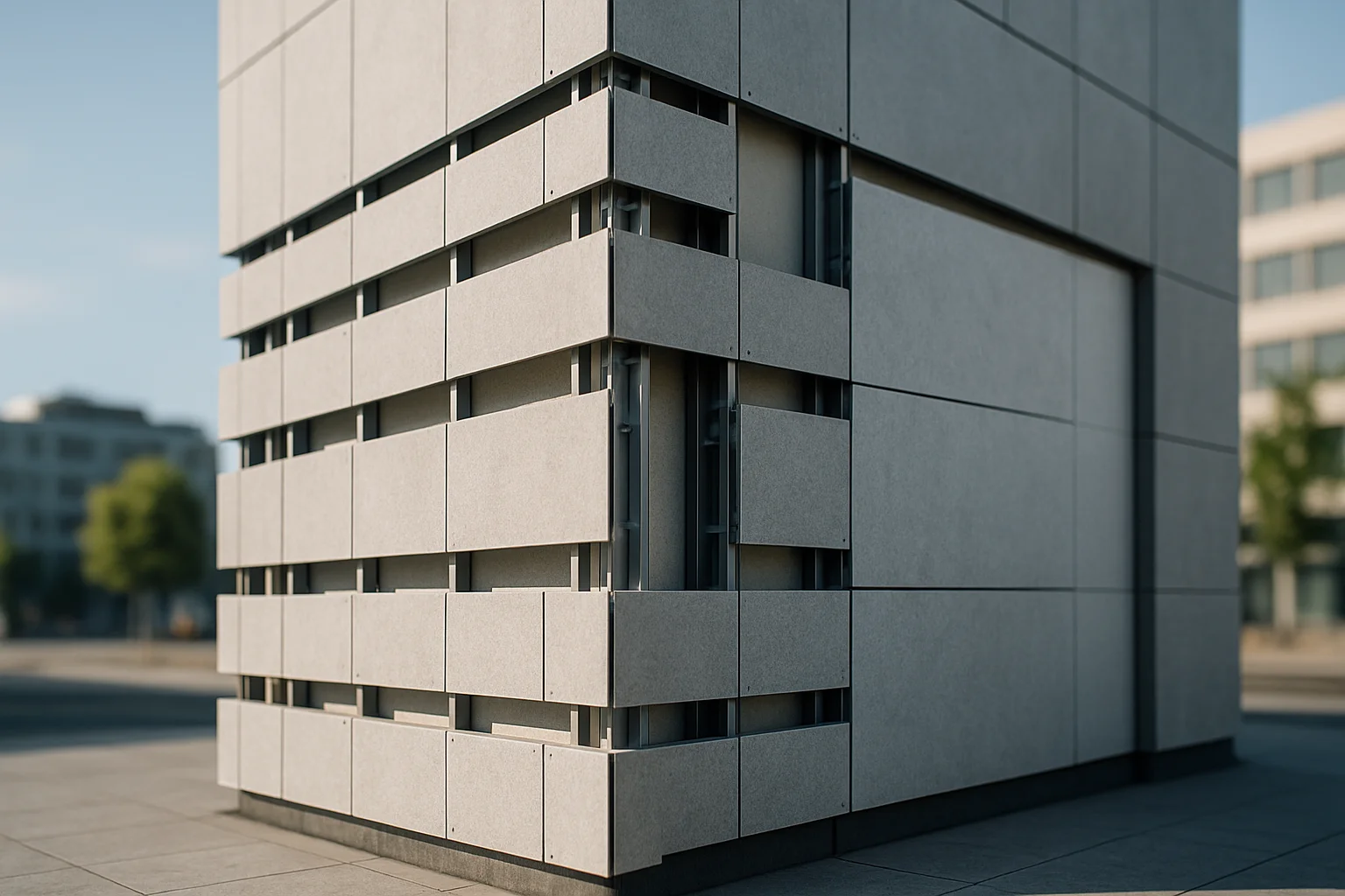 Hinterlüftete Vorhangfassade an einem modernen Gebäude mit sichtbarem Luftspalt und grauer Faserzementverkleidung