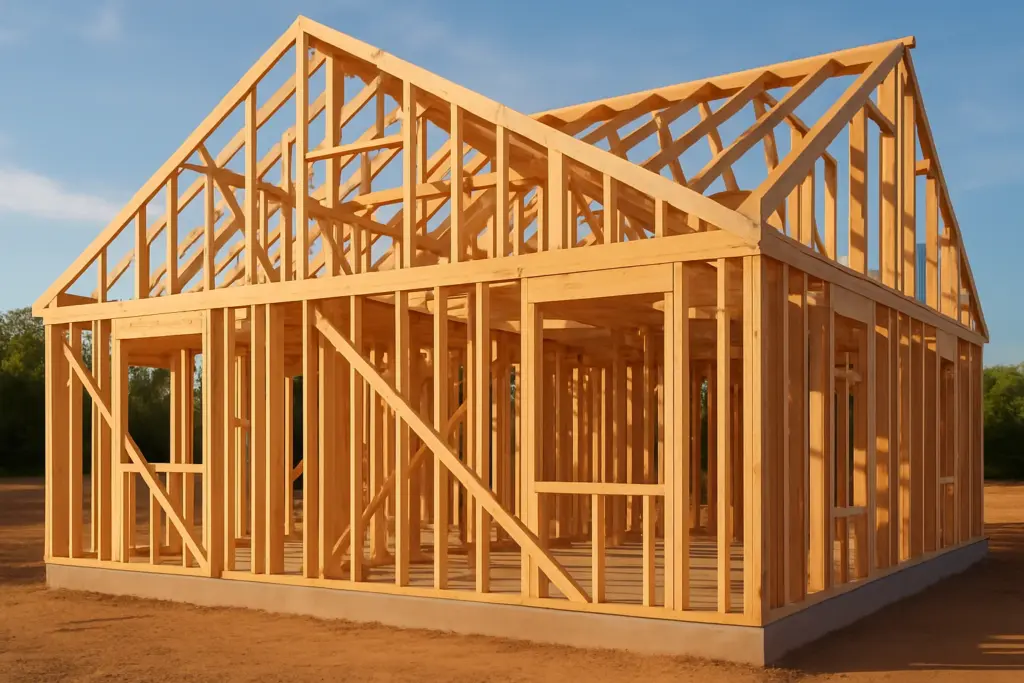 Holzrahmenbau Wandaufbau – Rohbau eines modernen Holzrahmenhauses mit sichtbarer Tragkonstruktion