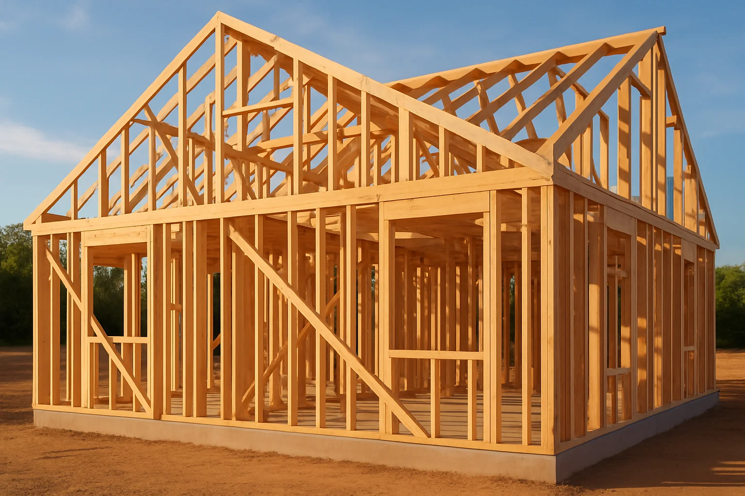 Holzrahmenbau Wandaufbau – Rohbau eines modernen Holzrahmenhauses mit sichtbarer Tragkonstruktion