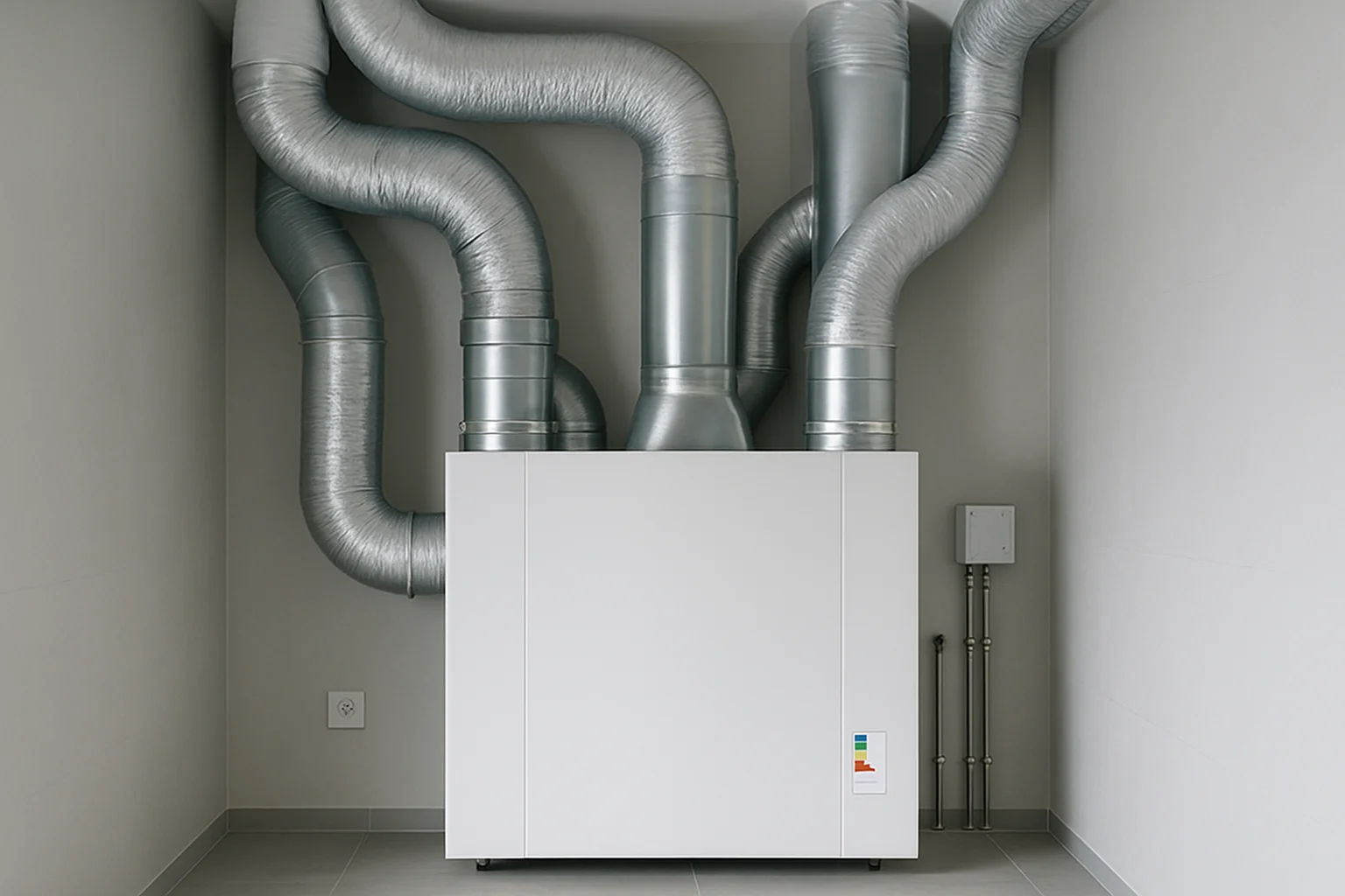 Lüftungsanlage mit Wärmerückgewinnung im Technikraum eines energieeffizienten Neubaus