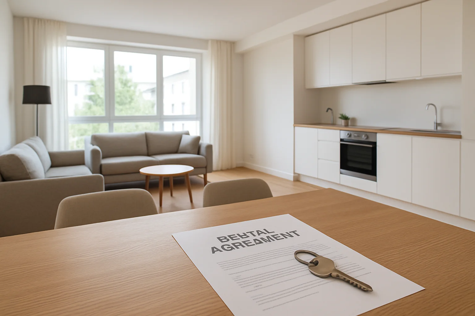 Moderne vermietfertige Wohneinheit im Zweifamilienhaus mit Mietvertrag und Schlüssel auf dem Tisch