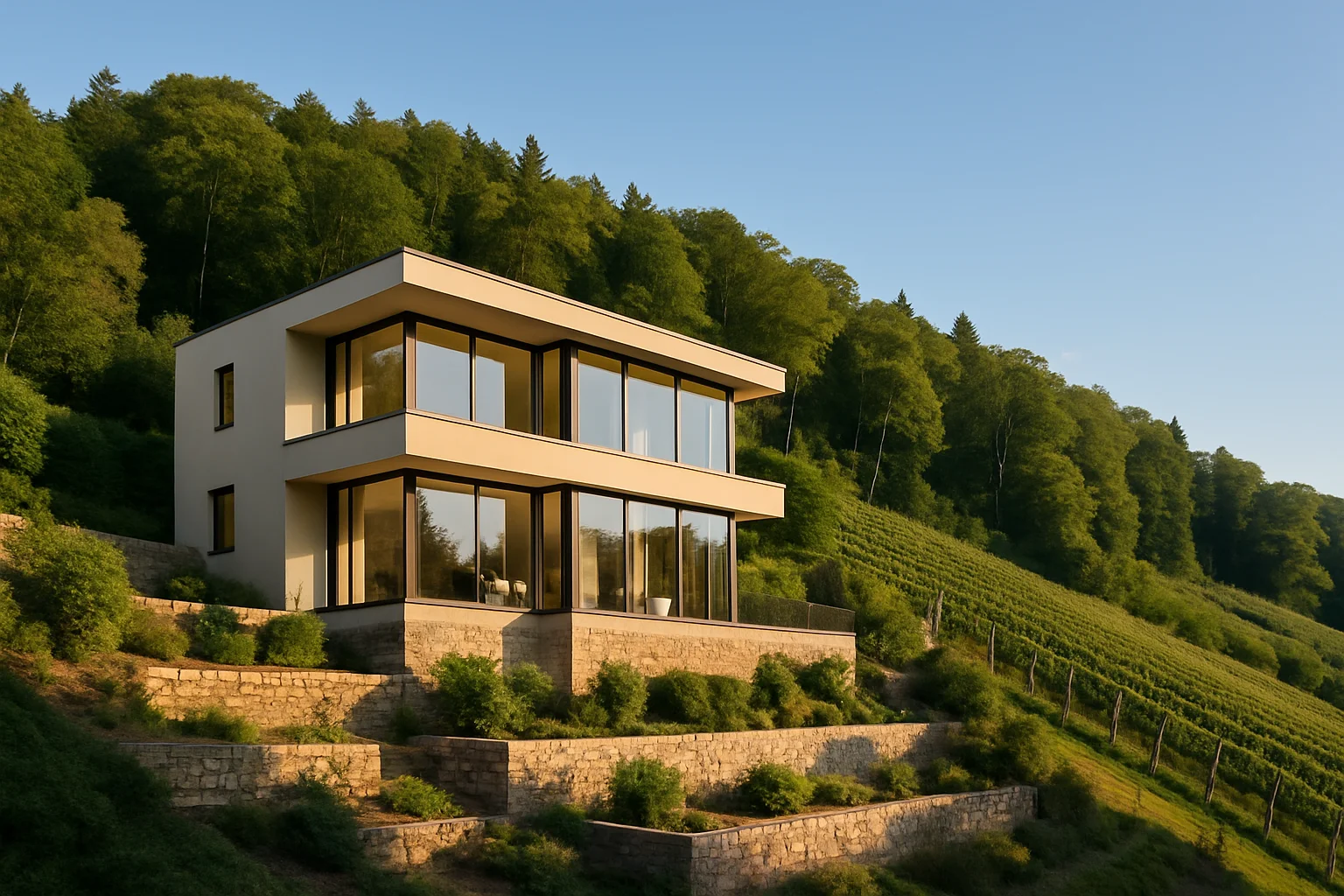 Modernes Einfamilienhaus auf einem Hanggrundstück in Baden-Baden mit Natursteinmauern und Terrassengarten
