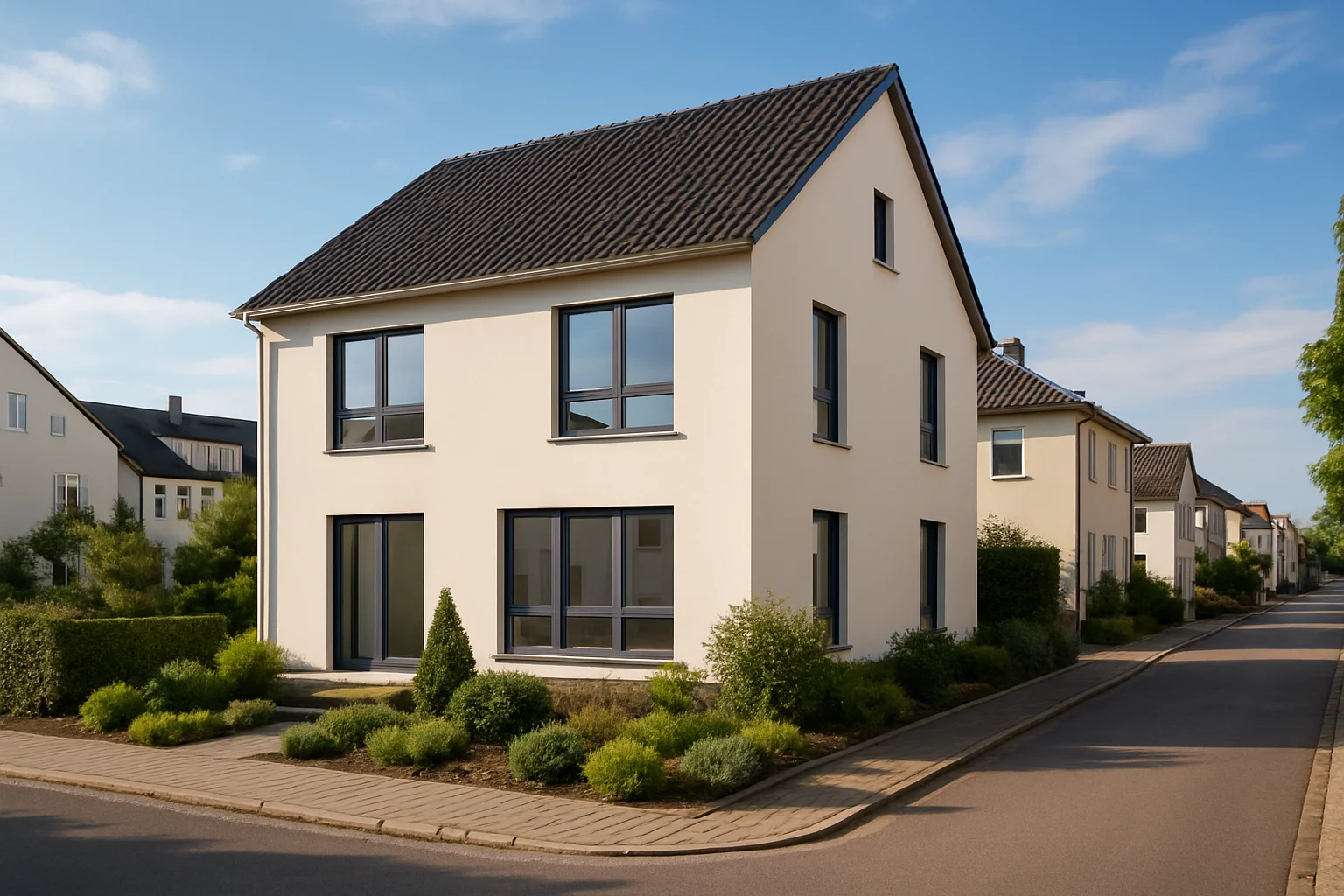 Modernes Einfamilienhaus Neubau in Mannheim mit zeitgenössischer Architektur und gepflegtem Vorgarten