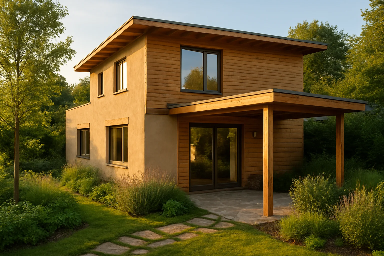 Modernes Neubauhaus aus nachhaltigen Baustoffen wie Holz und Lehm mit grüner Umgebung