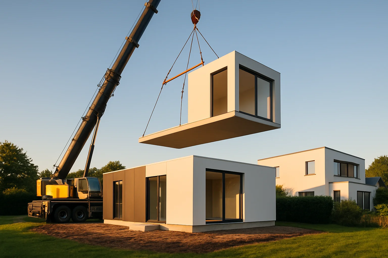 Modulhaus Transport und Kranstellung auf Baugrundstück – Raummodul wird per Kran aufgestellt