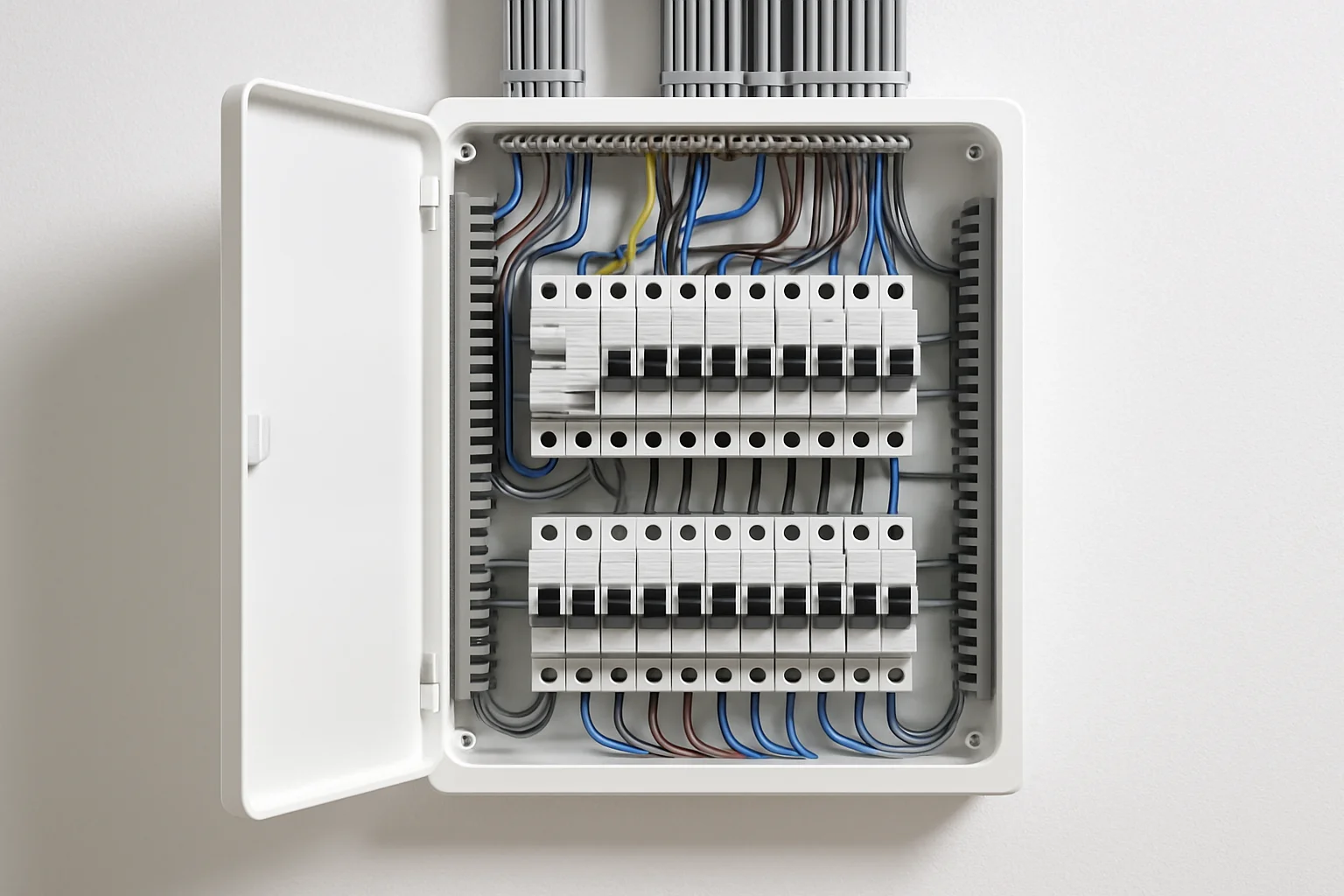 Neu installierter moderner Stromverteilerkasten mit übersichtlich angeordneten Leitungsschutzschaltern und FI-Schutzschaltern