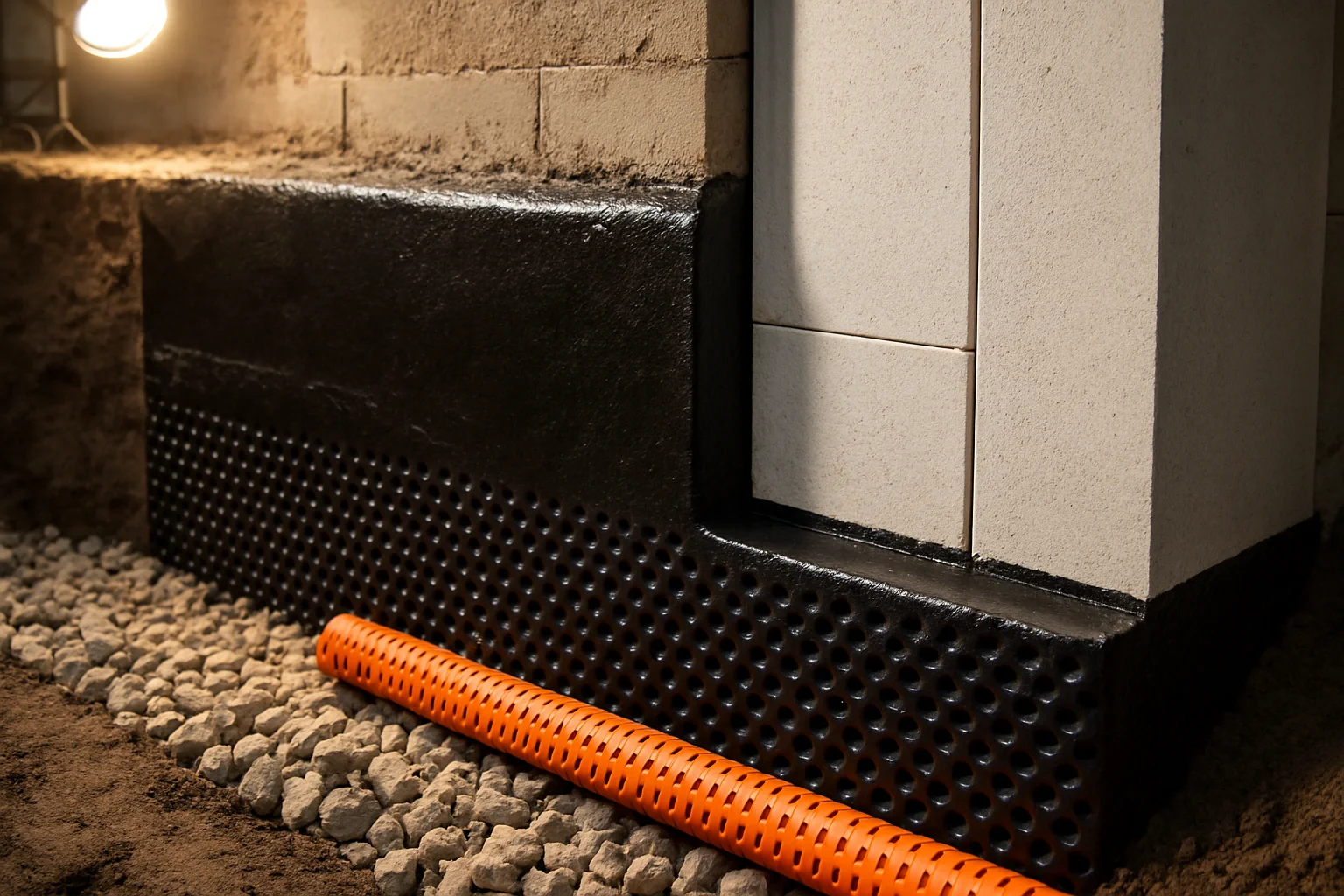 Querschnitt einer Kellerwand mit Feuchtigkeitsschutz, Drainage und Dämmschichten beim Kellerausbau