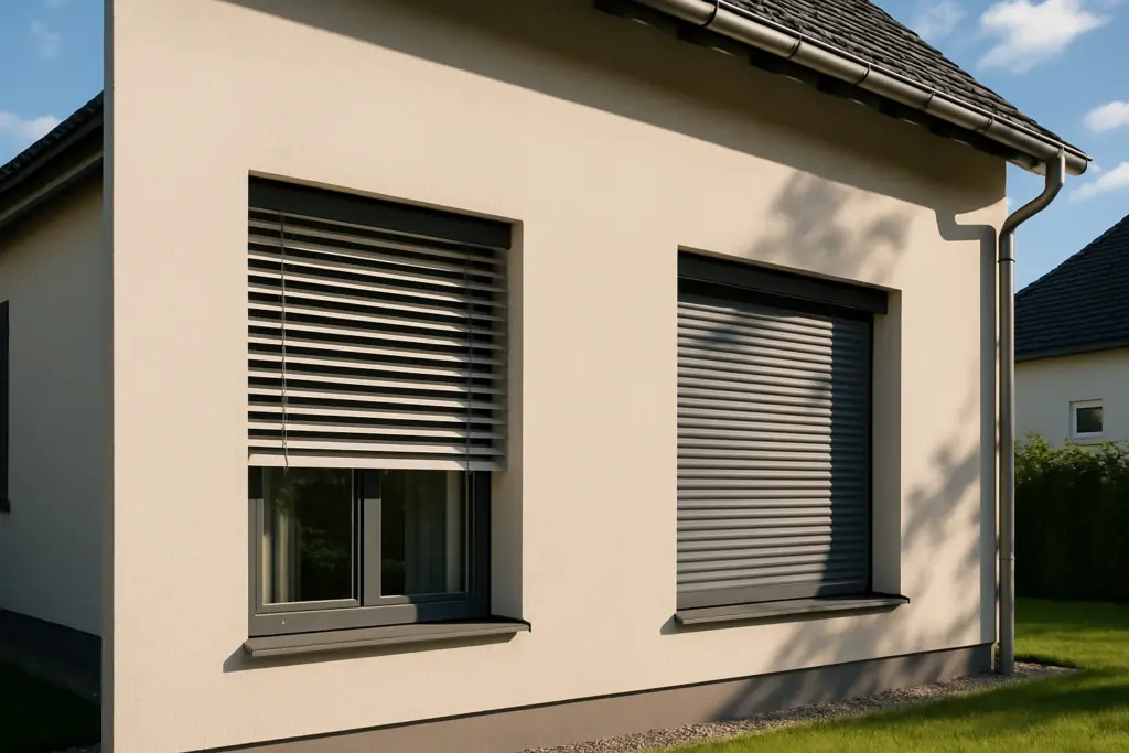 Raffstore oder Rollladen im direkten Vergleich an einem modernen Einfamilienhaus