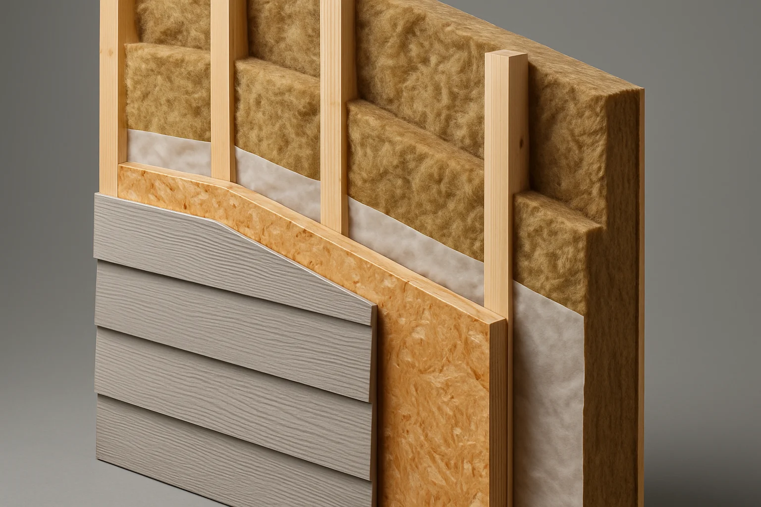 Schichtaufbau einer Holzrahmenbau-Wand mit Gefachdämmung, Dampfbremse und OSB-Platte im Querschnitt