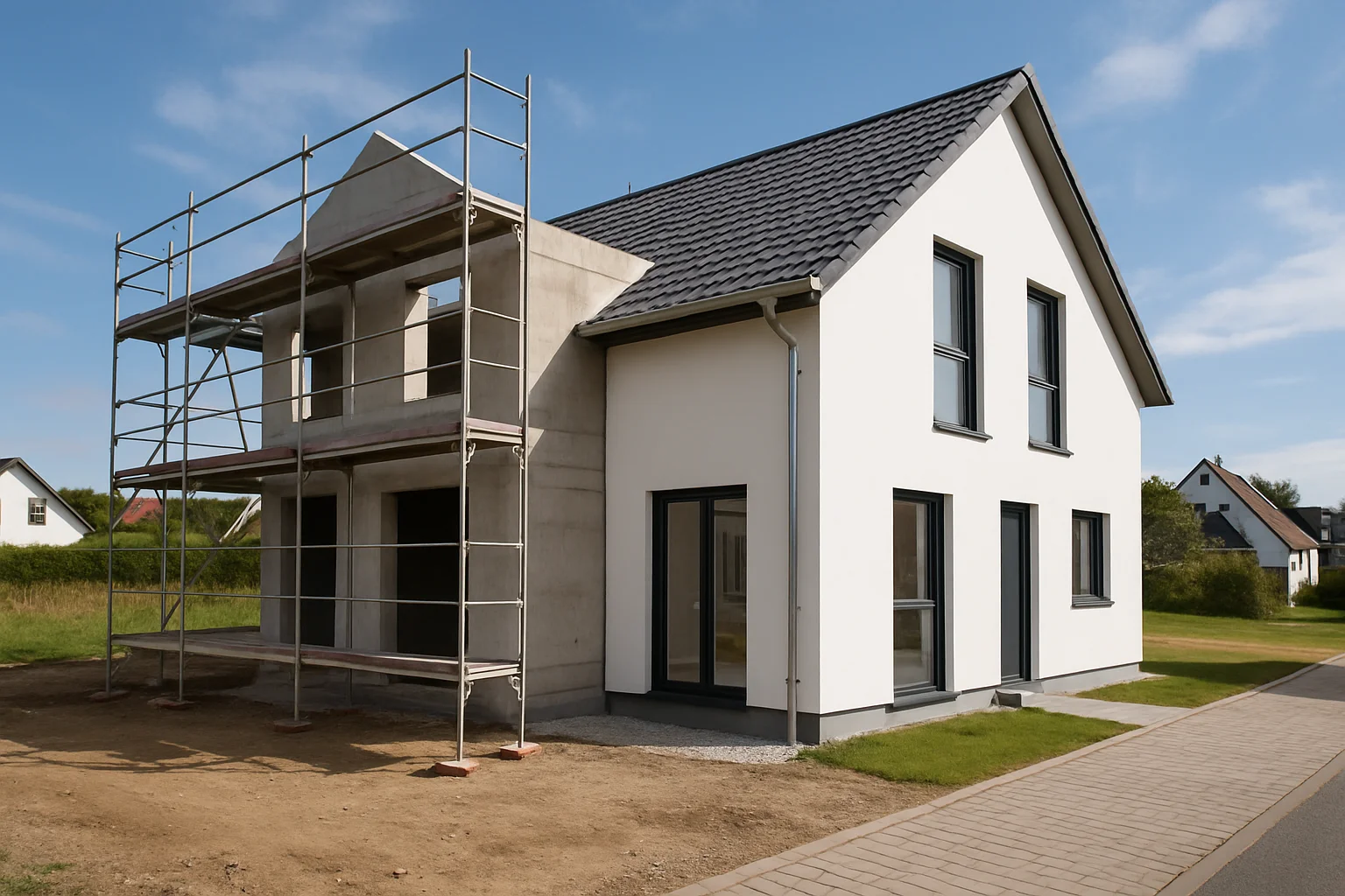 Schlüsselfertiges Haus im Bauablauf – Rohbau und fertiges Gebäude im Vergleich