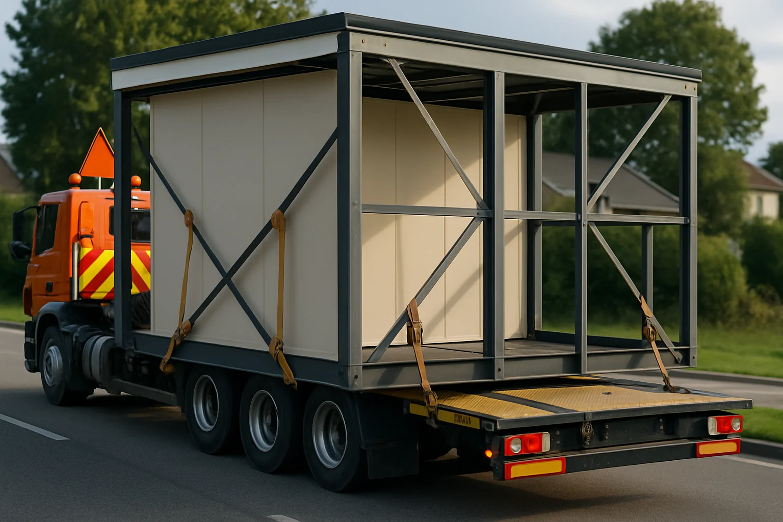Schwertransport eines Modulhaus-Raummoduls auf einer Straße – Modulhaus Transport Genehmigung