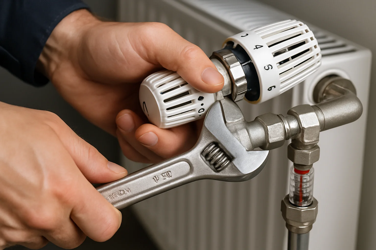 Techniker führt hydraulischen Abgleich durch – Einstellung von Thermostatventilen und Durchflussmengenmessung