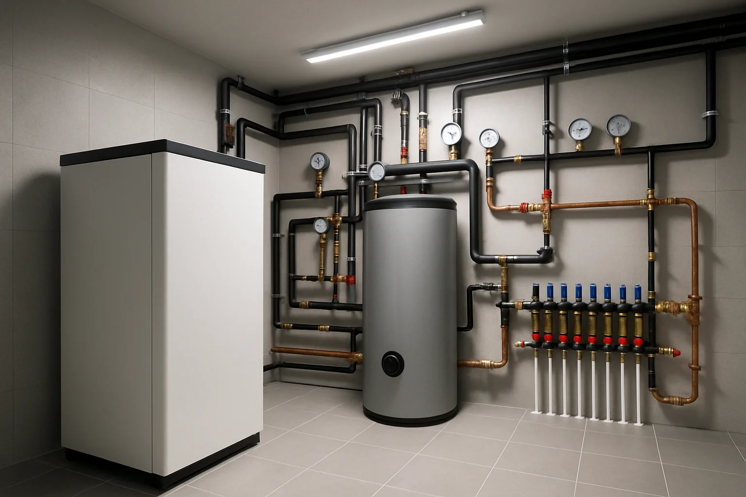 Technische Komponenten einer Wärmepumpenanlage mit Pufferspeicher und Heizungsverteiler im Keller