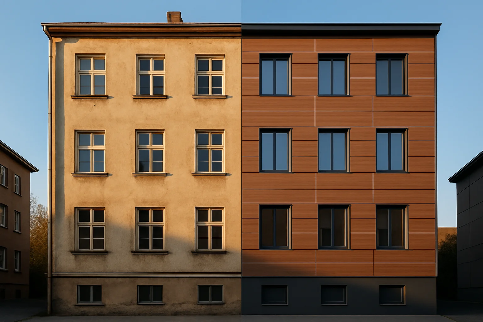Vergleich einer sanierten Fassade mit hinterlüfteter Vorhangfassade – links alte Putzfassade, rechts moderne Holzoptik-Verkleidung