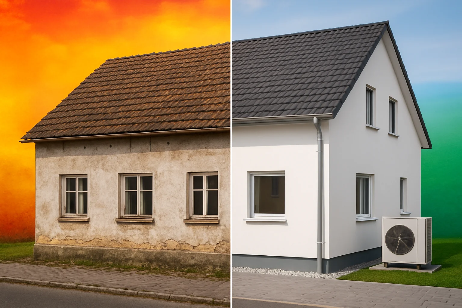Vergleich zwischen unsaniertem Altbau und energetisch modernisiertem Haus mit Wärmepumpe
