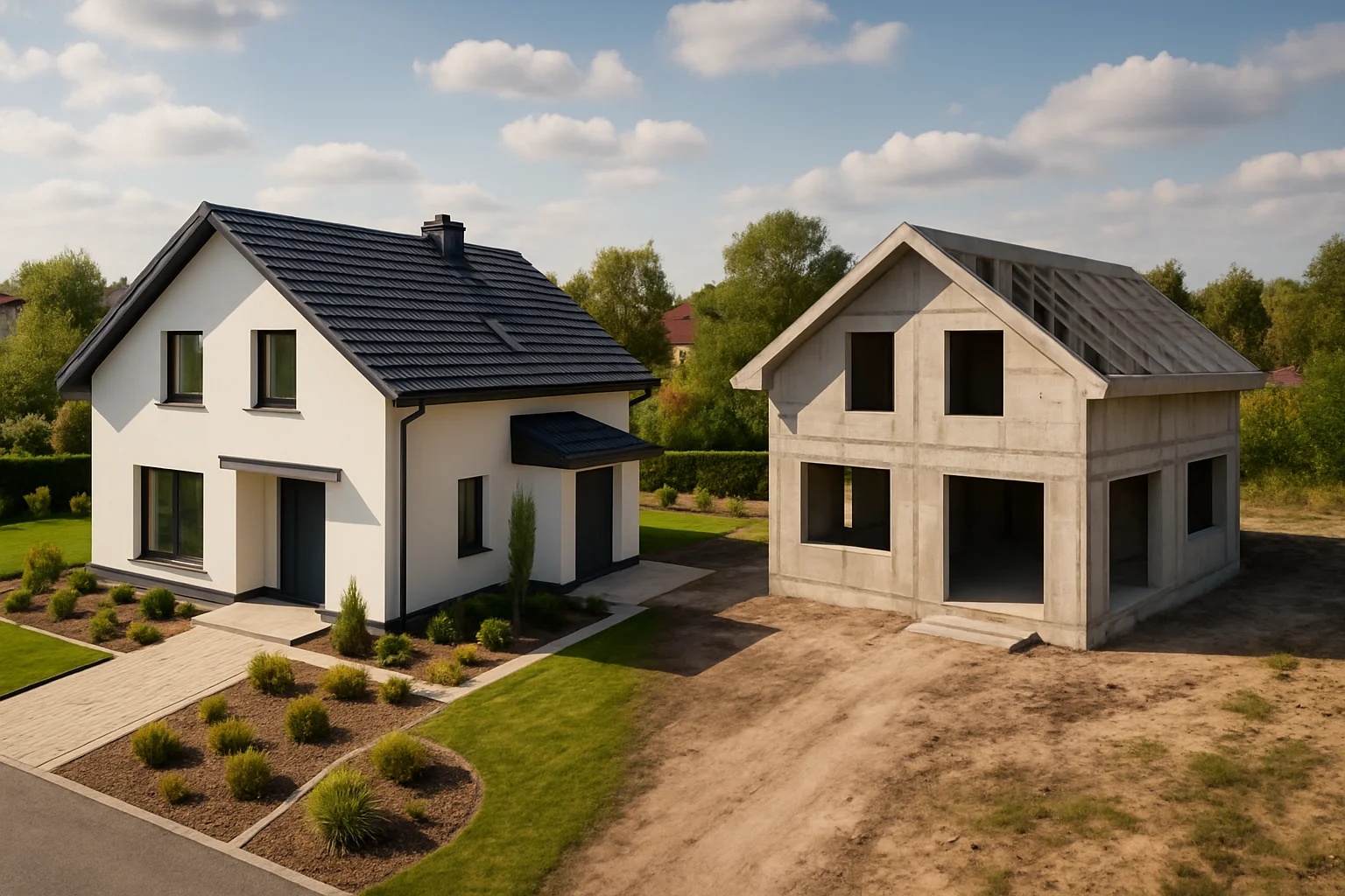 Vorher-Nachher-Vergleich Hausbau: Rohbau und fertiggestelltes Einfamilienhaus als Ergebnis eines strukturierten Terminplans