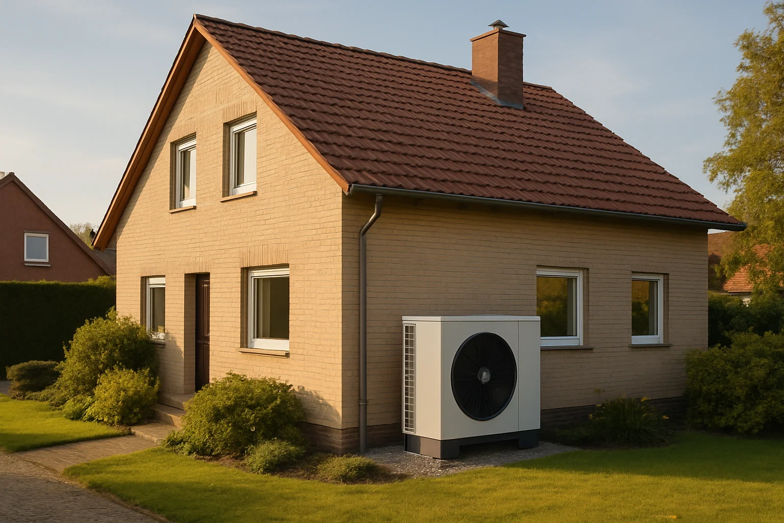 Wärmepumpe an einem Altbau aus den 1970er Jahren mit moderner Außeneinheit