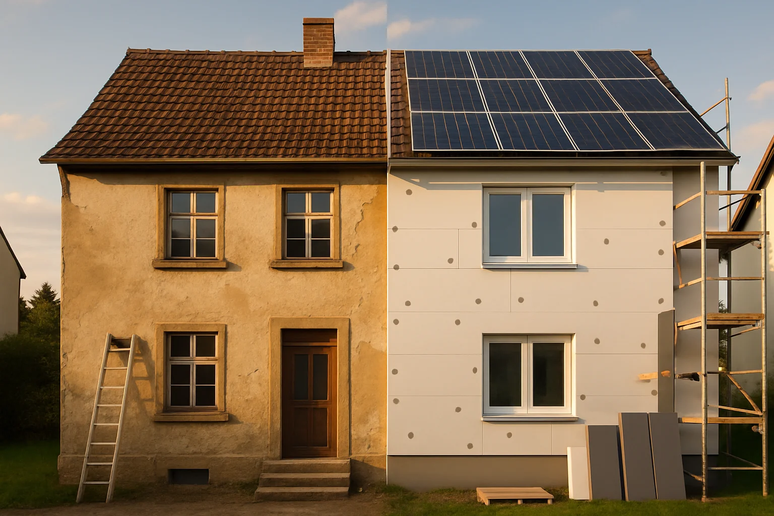 Wohnhaus mit individuellem Sanierungsfahrplan – Vorher-Nachher-Ansicht energetischer Modernisierung