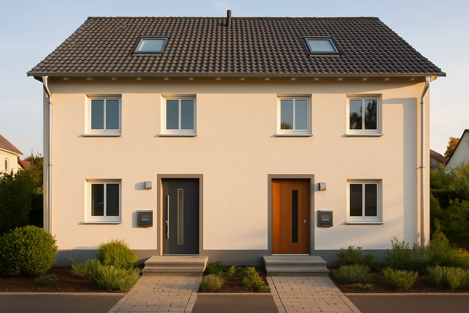 Zweifamilienhaus mit zwei getrennten Eingängen und separaten Briefkästen in modernem Baustil