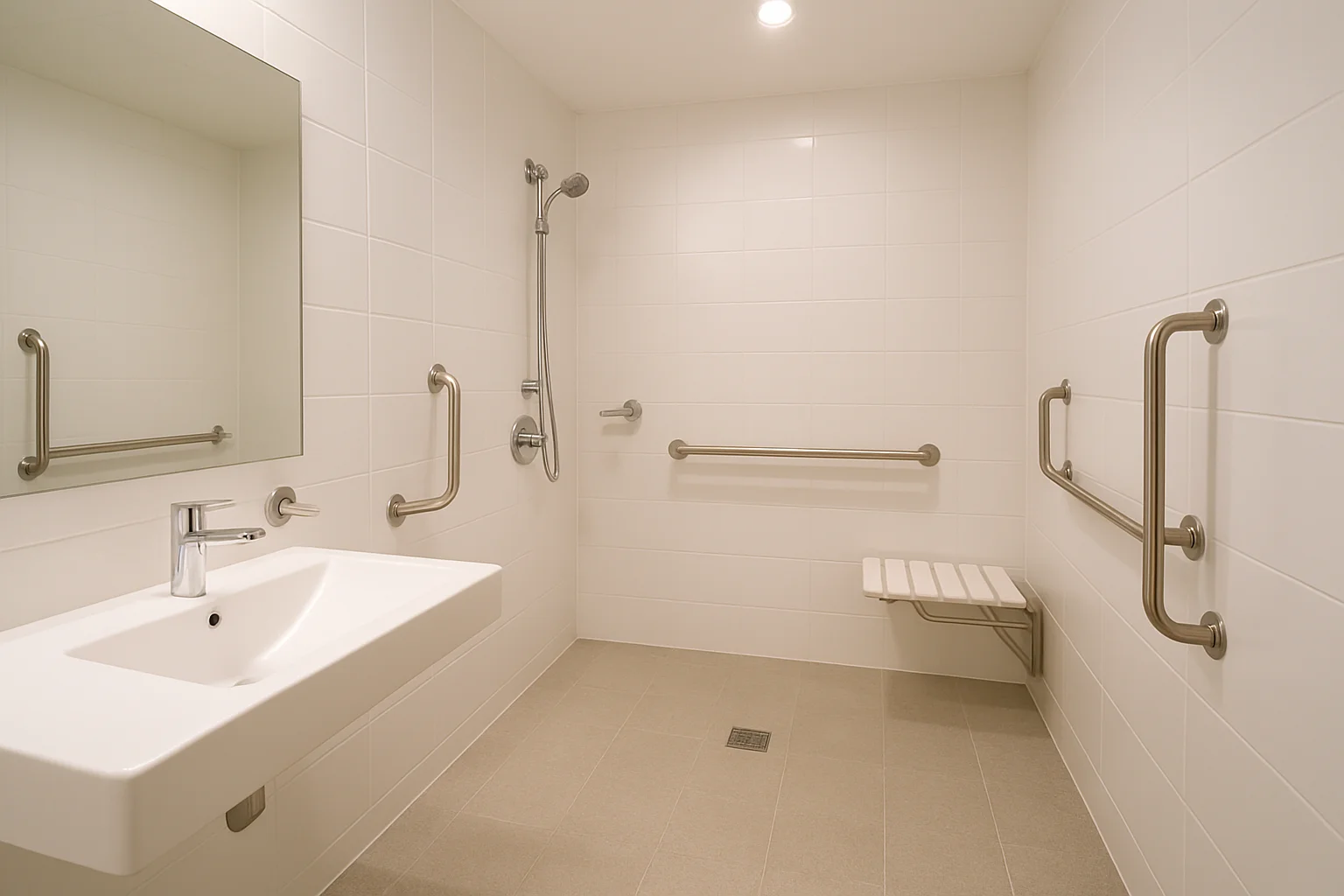 Altersgerechtes Bad mit Haltegriffen, Duschsitz und heller Beleuchtung in modernem Design