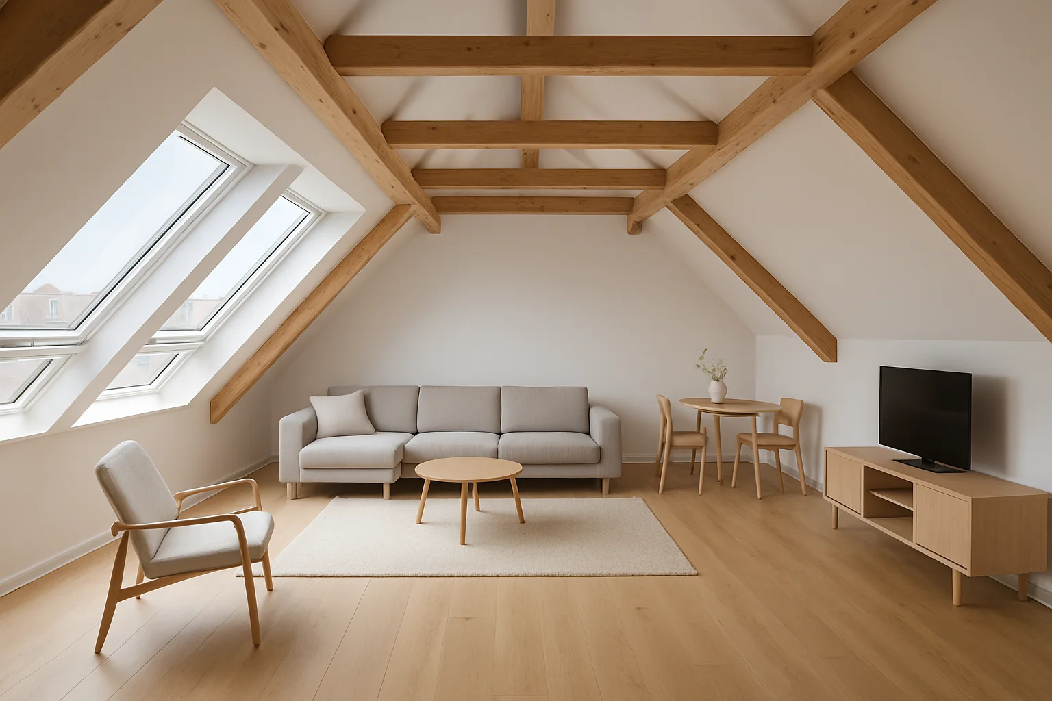 Ausgebauter Dachboden mit Dachfenstern, Holzbalken und modernem Wohnbereich