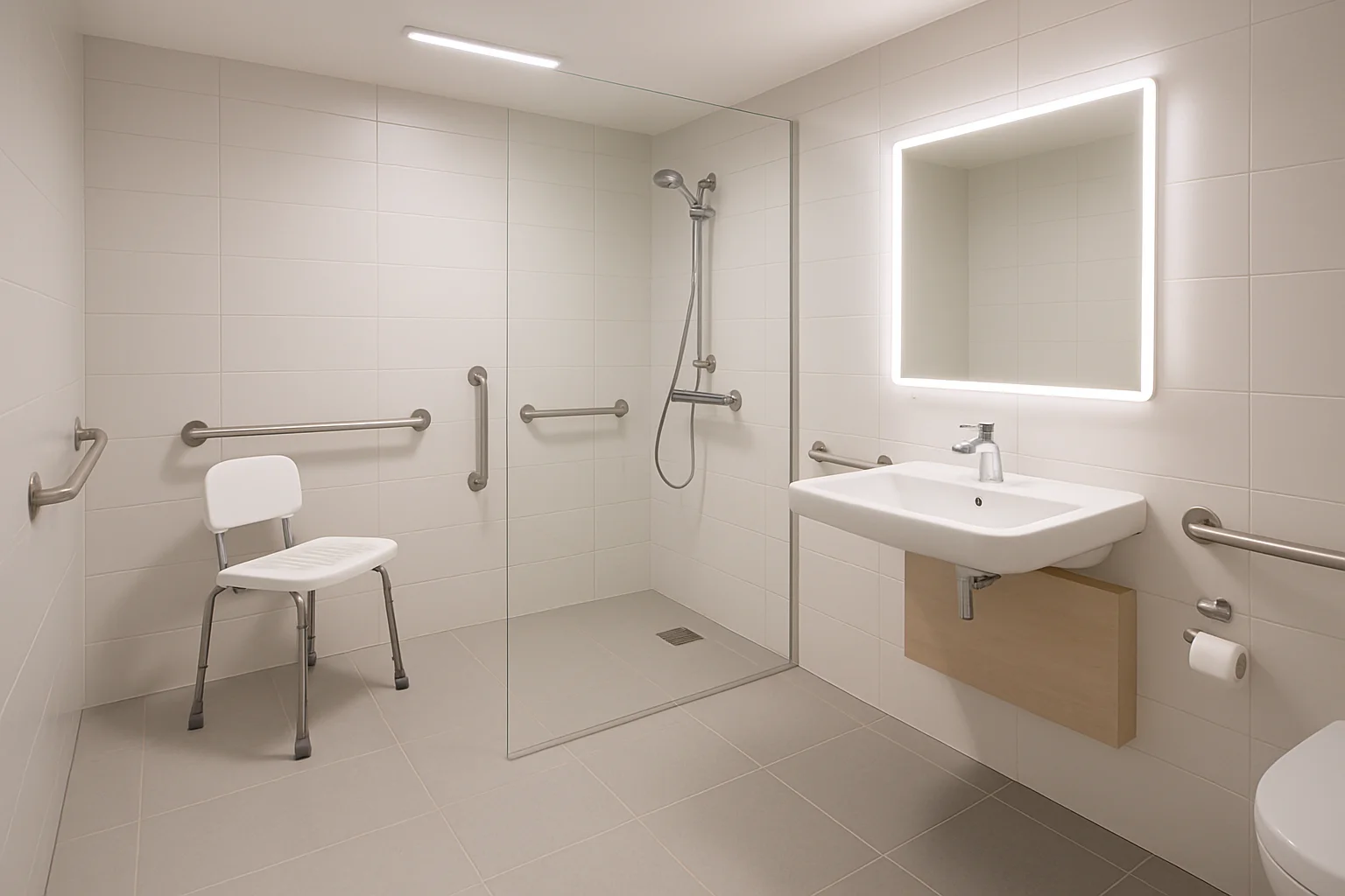 Übersicht eines komplett altersgerecht ausgestatteten Badezimmers mit barrierefreier Dusche und optimaler Beleuchtung