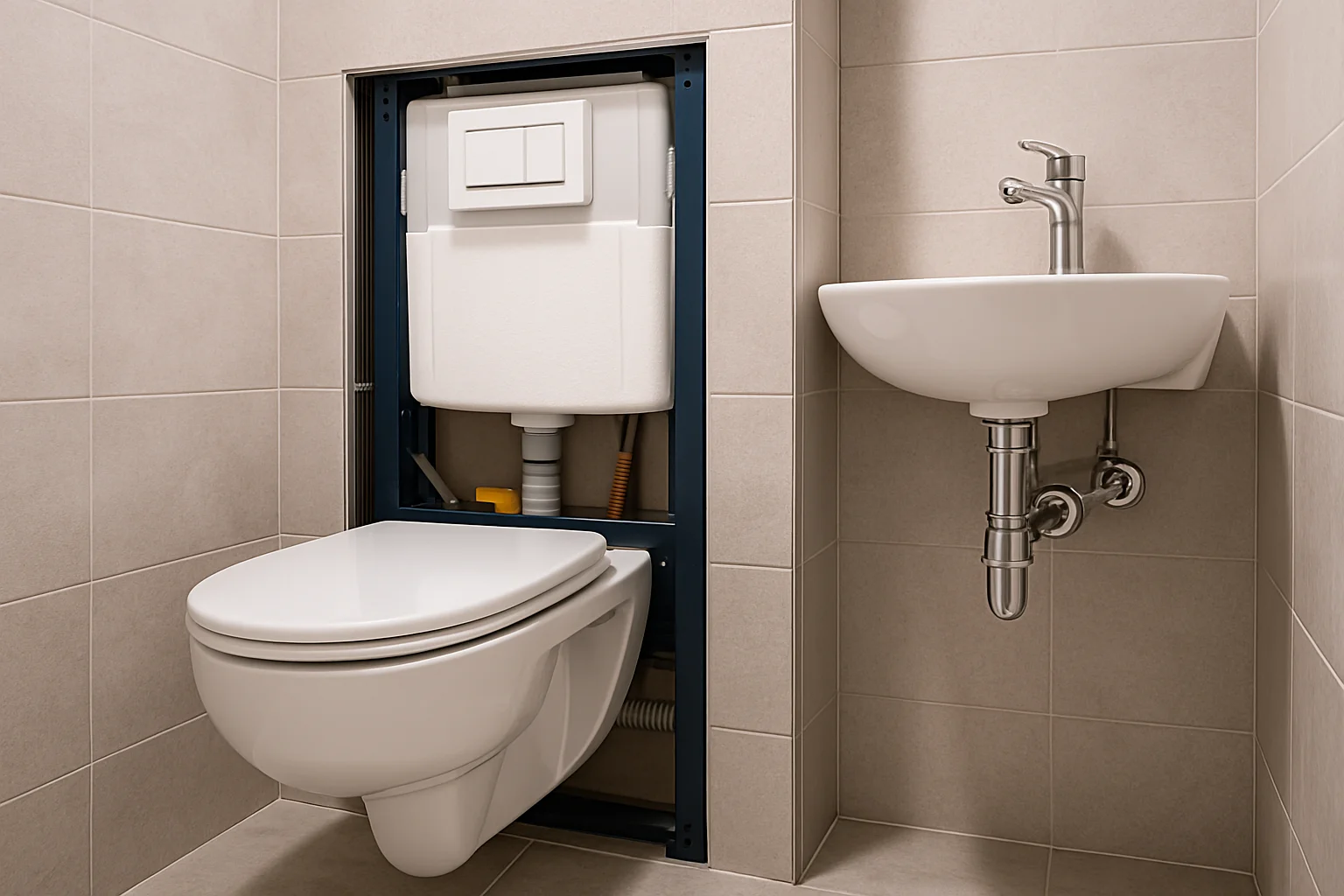 Detail der Sanitärobjekte im Gäste-WC: wandhängendes WC und kompakter Eckwaschtisch