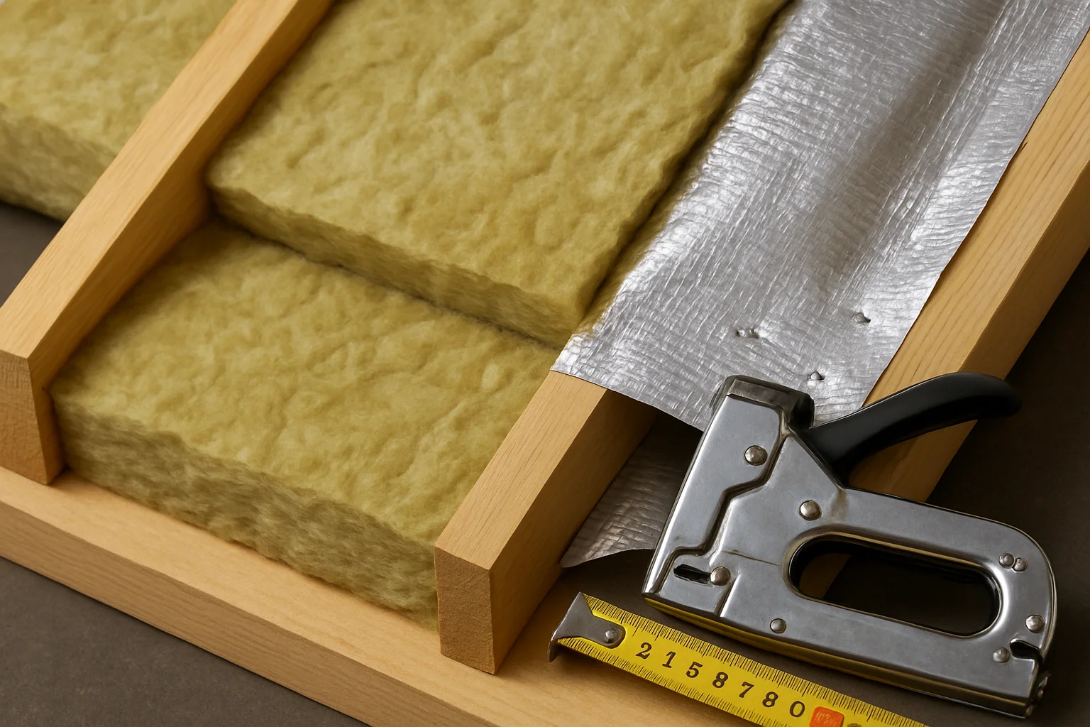 Detailaufnahme der Zwischensparren- und Untersparrendämmung mit Dampfbremsfolie bei der Dachdämmung von innen