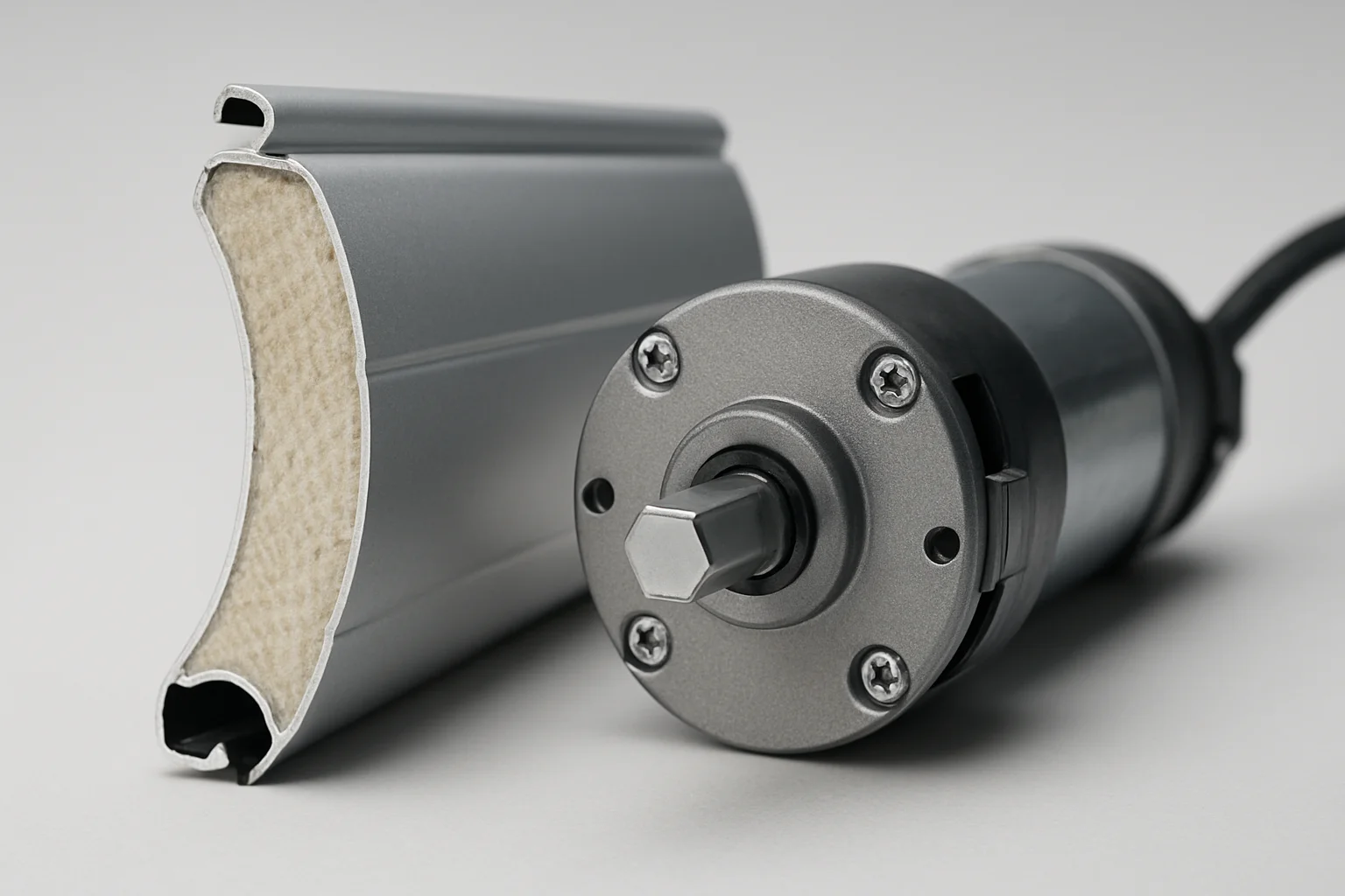 Detailaufnahme eines Rollladenpanzers mit Schaumfüllung und elektrischem Antriebsmotor – Rollladen Preise Einflussfaktoren
