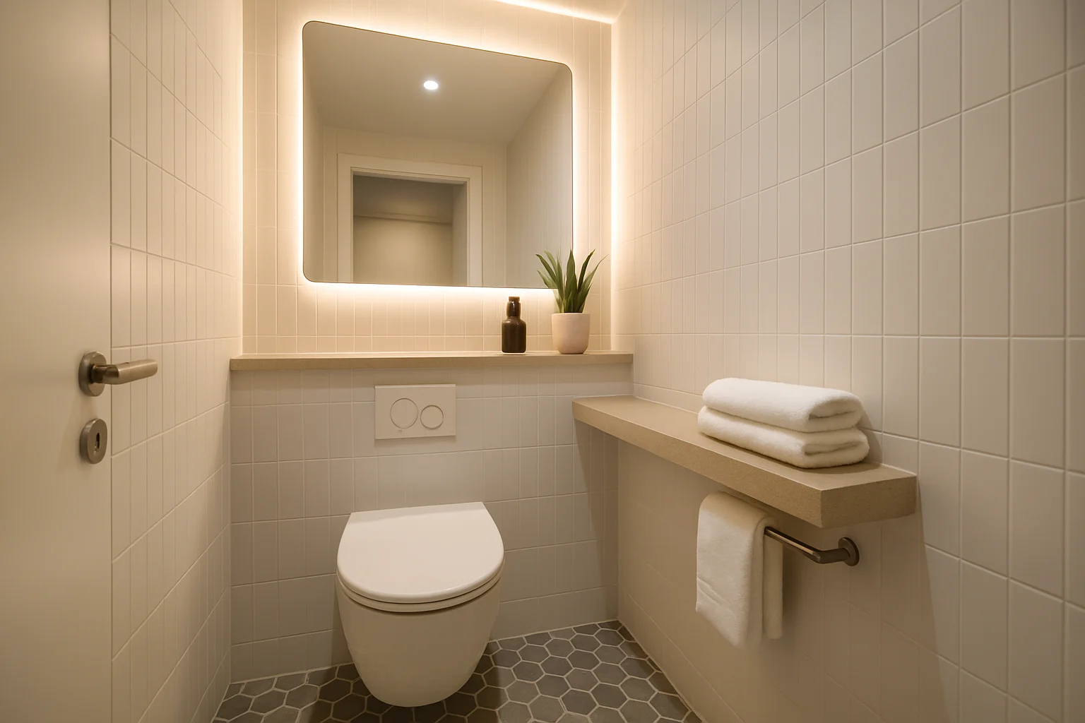 Fertig modernisiertes Gäste-WC mit platzsparender Einrichtung, Spiegel und dekorativen Accessoires