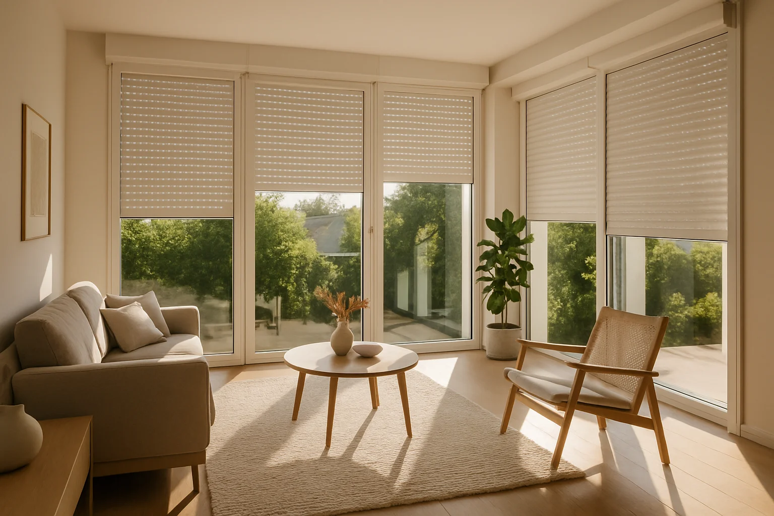 Fertig montierte Rollläden in einem modernen Wohnzimmer – Ergebnis nach professioneller Rollladen-Montage