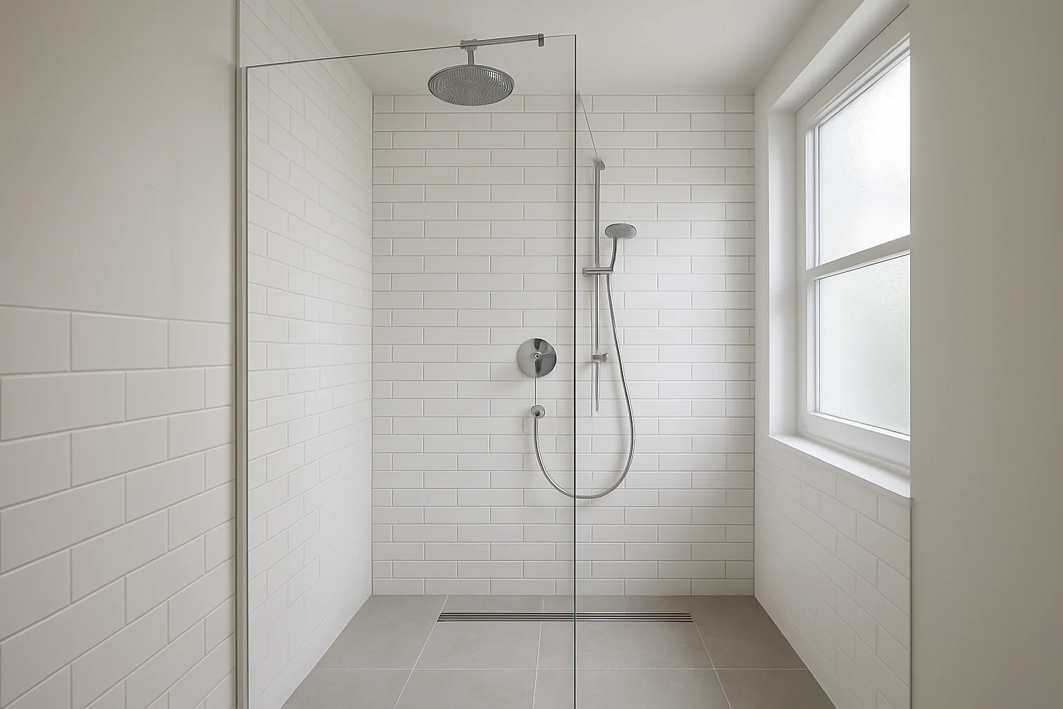 Moderne bodenebene Dusche nach dem Tausch der Badewanne in einem zeitgemäßen Badezimmer