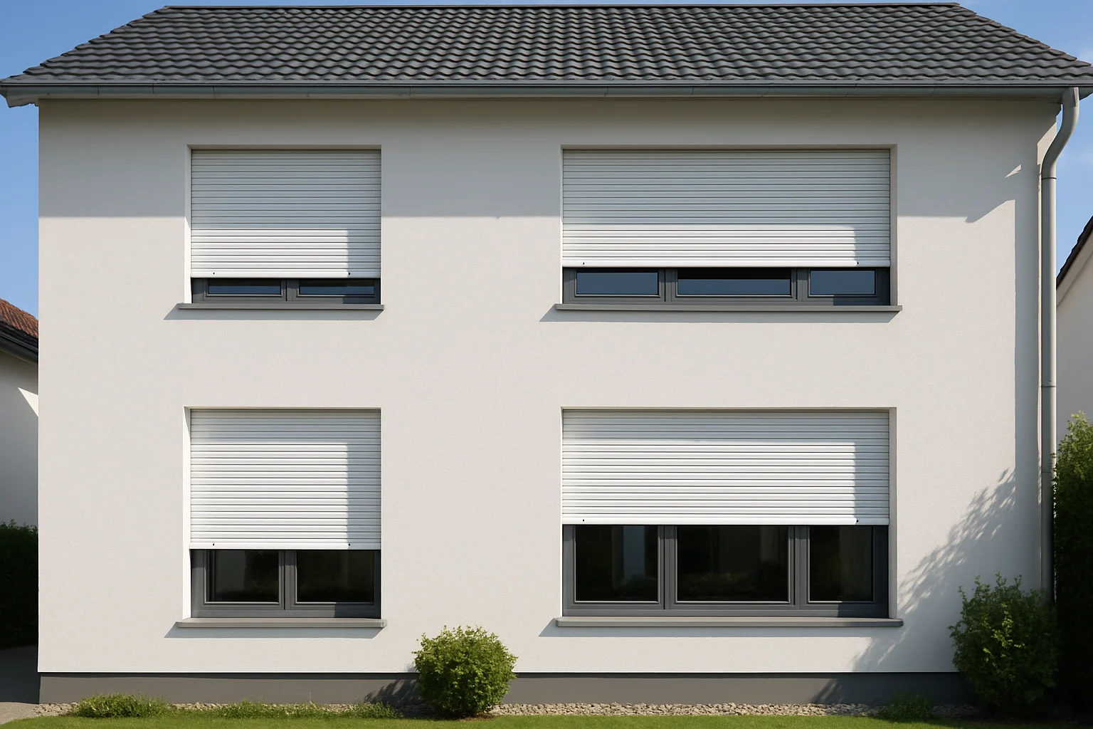 Moderne Rollläden an einer Hausfassade in verschiedenen Positionen – Rollladen Preise im Überblick