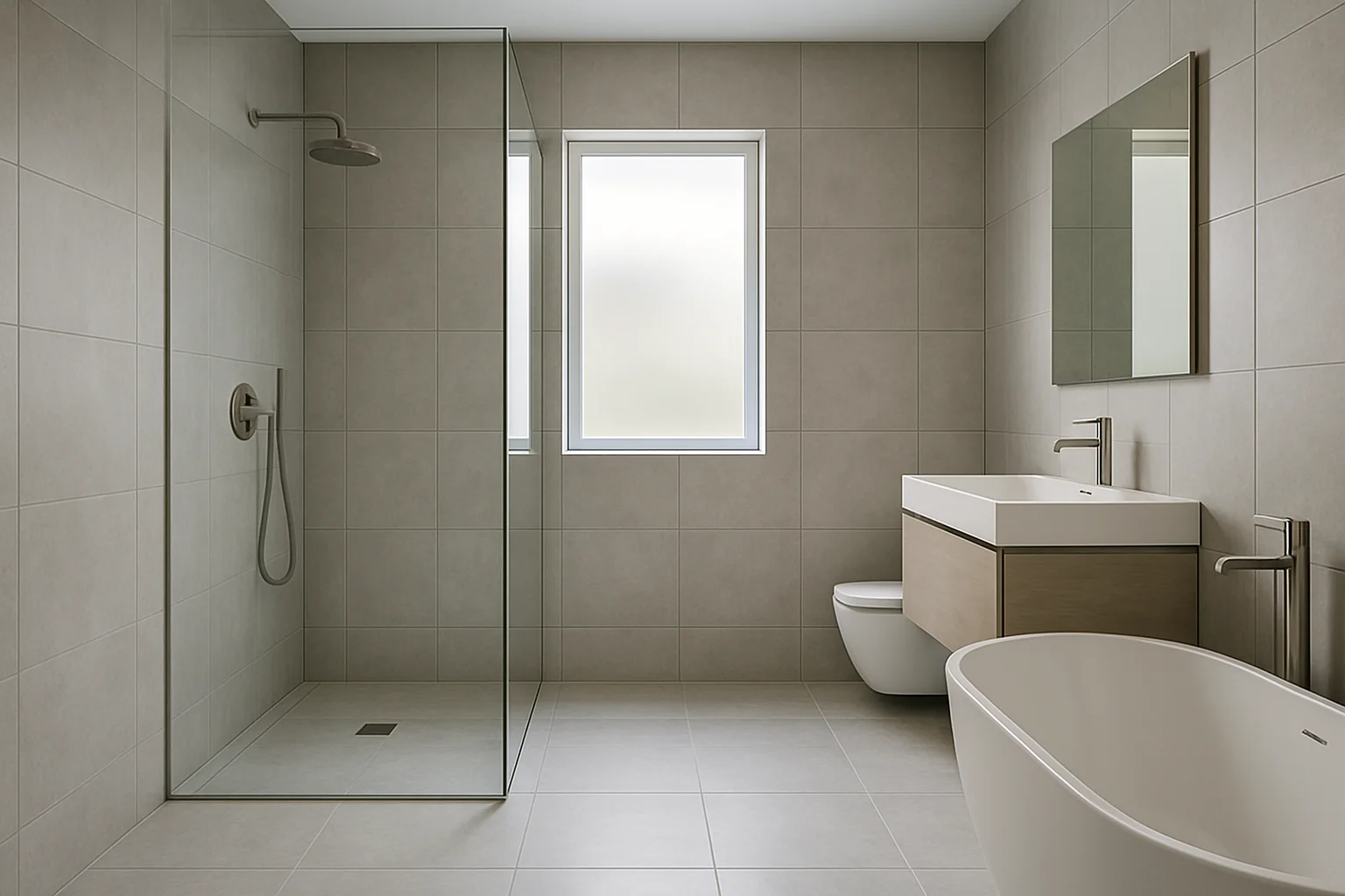 Modernes Badezimmer mit großformatigen Fliesen in hellem Grau und minimalistischem Design