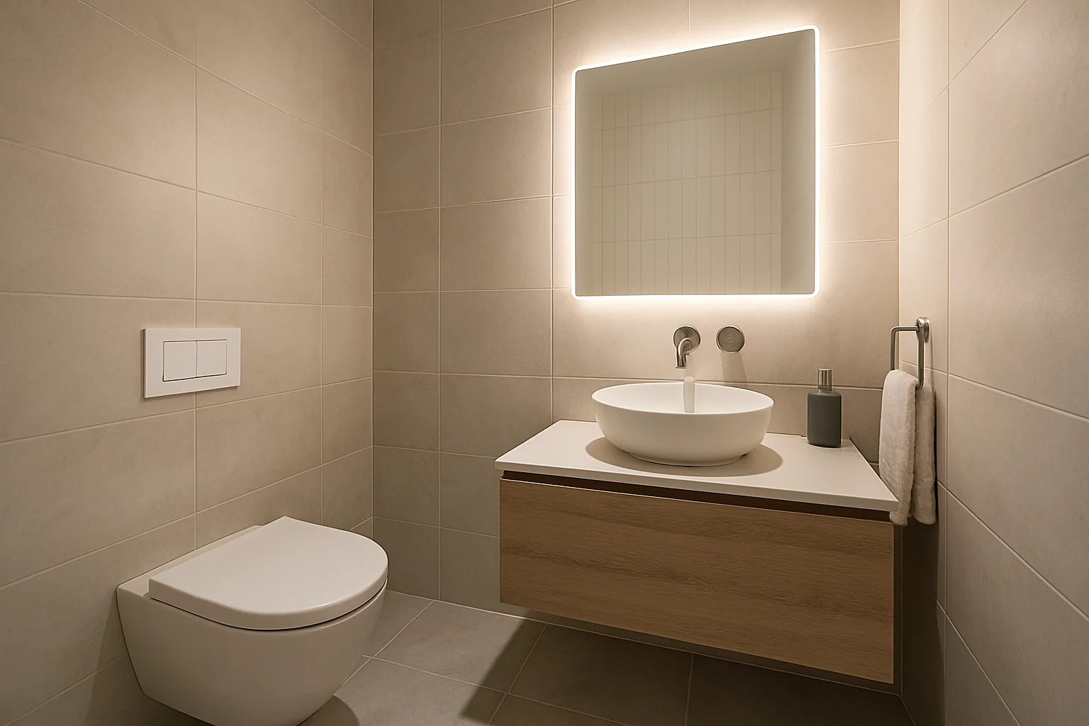 Modernes Gäste-WC mit wandhängendem WC, schwebendem Waschtisch und großformatigen Fliesen