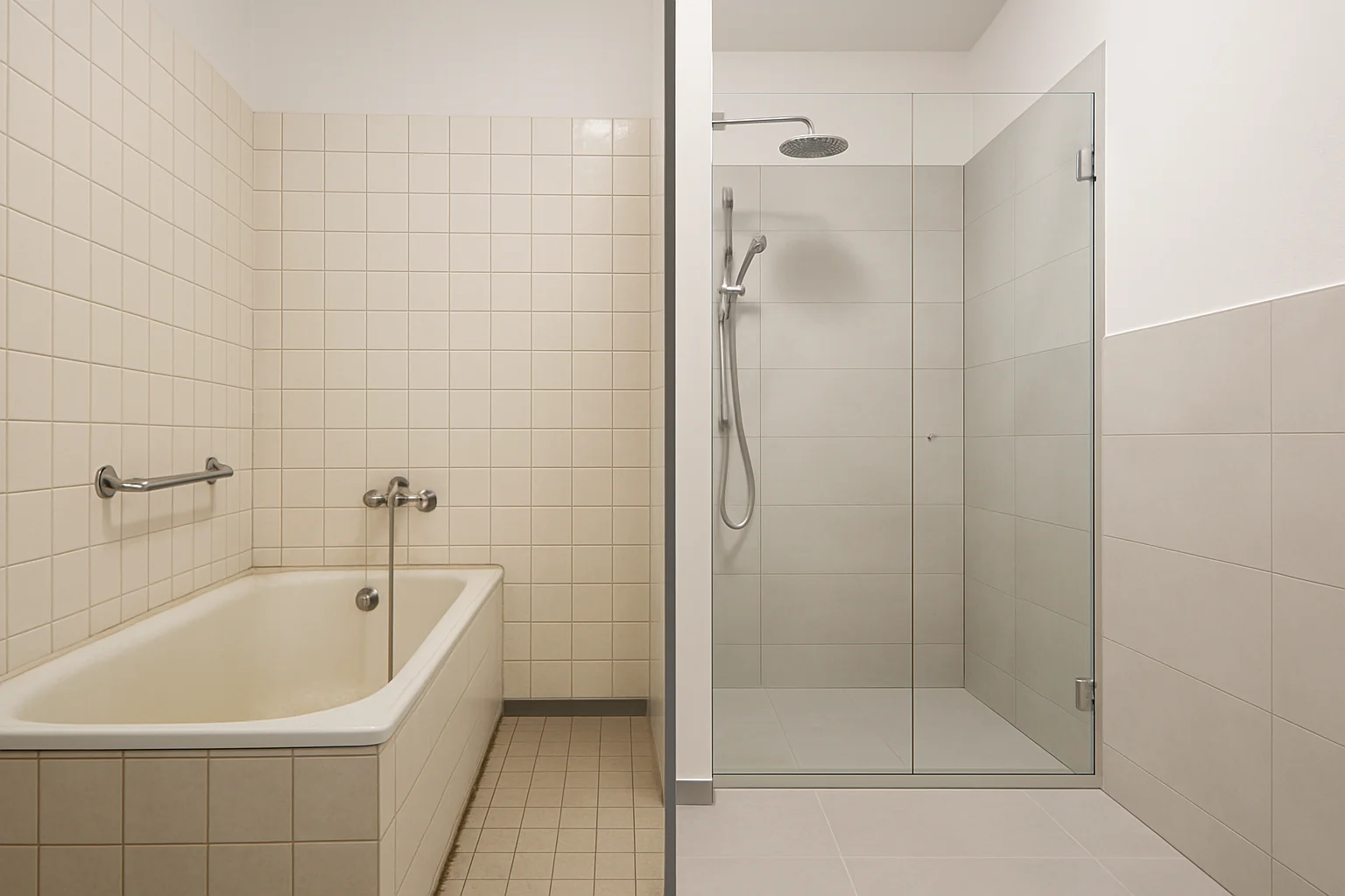 Vorher-Nachher-Vergleich: Alte Badewanne links und moderne barrierefreie Dusche rechts im gleichen Badezimmer