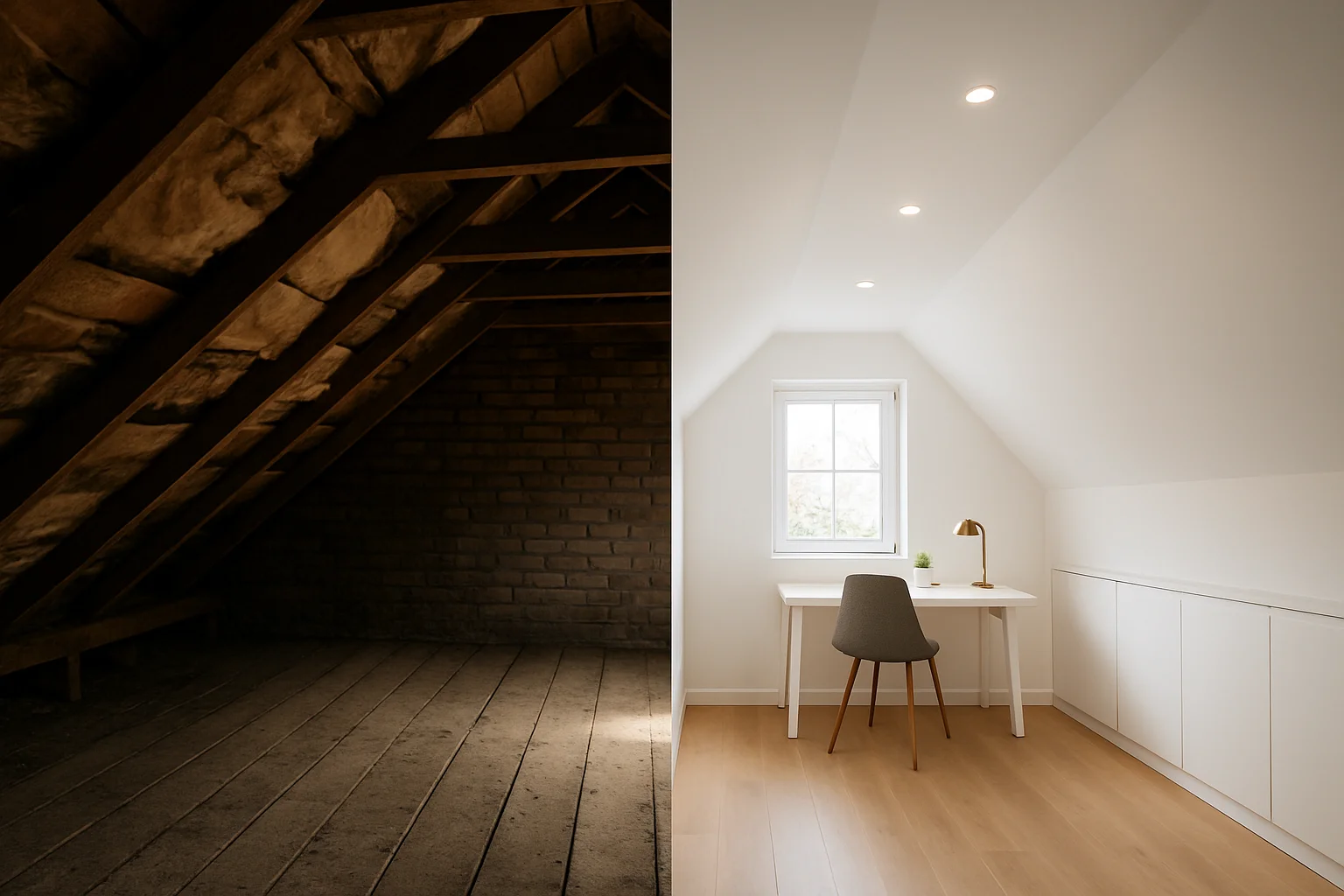 Vorher-Nachher Vergleich Dachboden ausbauen – von ungenutztem Speicher zum modernen Wohnraum